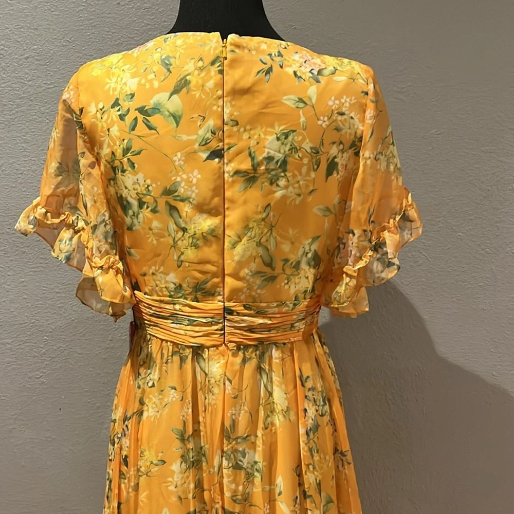 Mac Duggal Yellow Multicolor Flounce Sleeve Floral Maxi Dress NWT